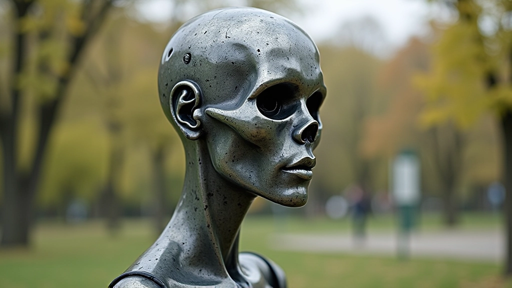 Šiuolaikine skulptūra iš medžio ir metalo, miško žalioje aplinkoje, šviesos žaidimas per medžių lapus