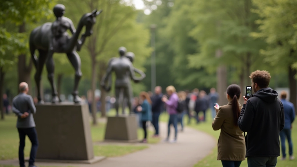 Menininkų darbų kolektyvinis vaizdas parke su žmonėmis kurie žiūri ir fotografuoja